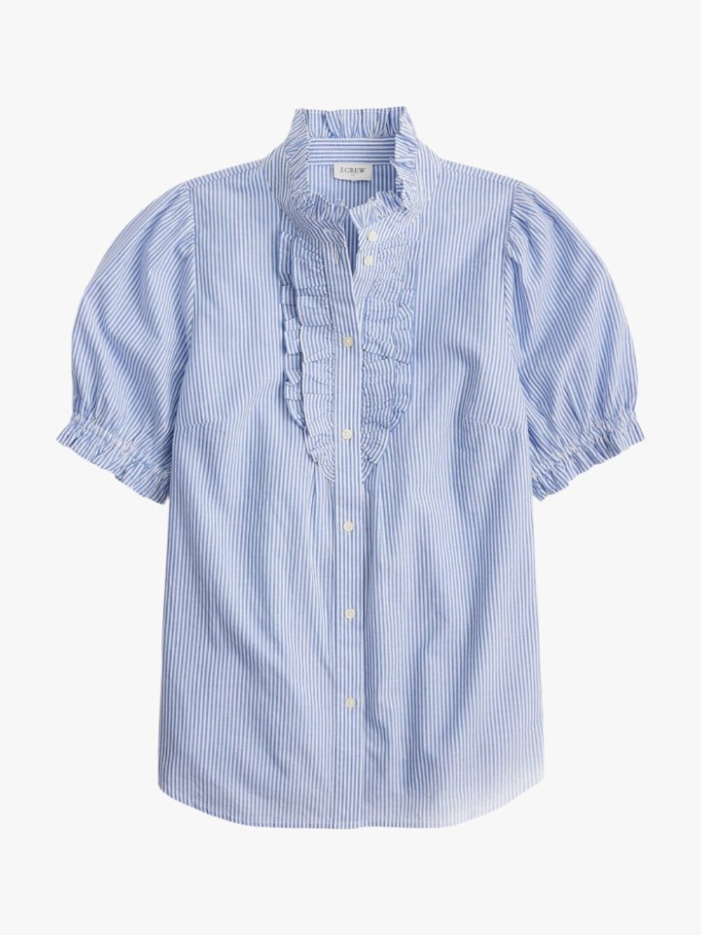 J. Crew Blue and White Pinstripe Ruffle Front Button-Up Blouse